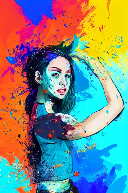 Image similar to a award winning half body portrait of a beautiful woman in a croptop and cargo pants with ombre orange blue teal hairstyle with head in motion and hair flying, paint splashes, splatter, outrun, vaporware, shaded flat illustration, digital art, trending on artstation, highly detailed, fine detail, intricate