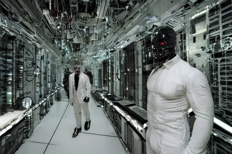 Image similar to cyborg - pitbull mr. worldwide in a marble server room, in 2 0 5 5, y 2 k cybercore, industrial low - light photography, still from a ridley scott movie