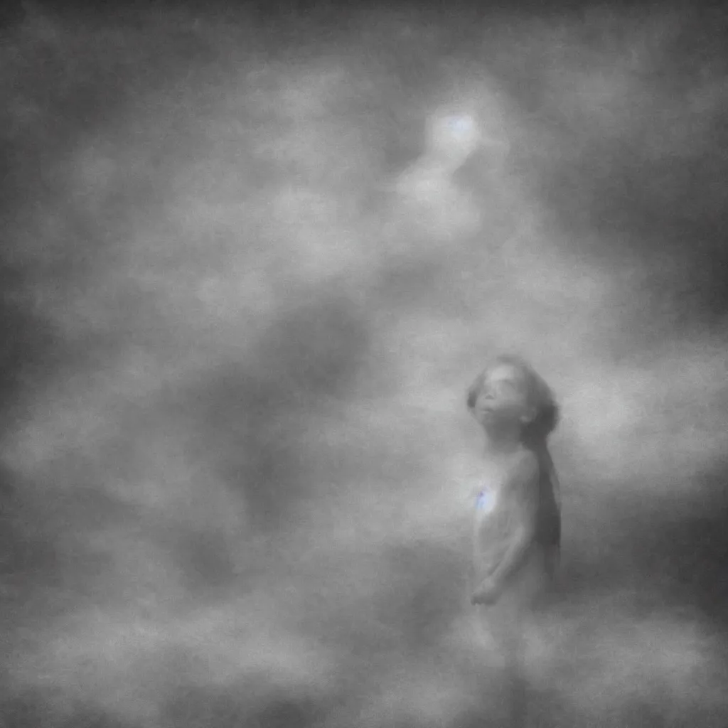 Image similar to i wait upon you in heaven, the angels are calling me back home, bad dream, hazy memory, volumetric, dark black and white in the style of alvin schwartz, epic angles