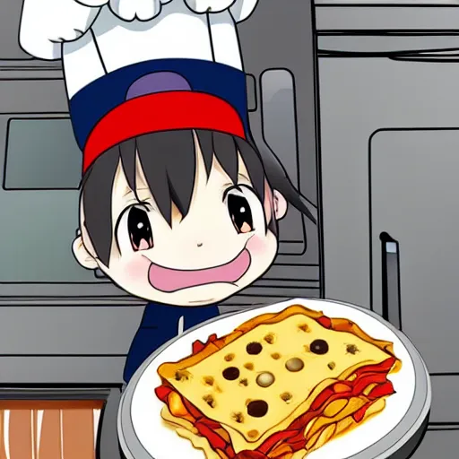 Prompt: anime cute platypus on a kitchen wearing a chef hat and holding a lasagna into an oven, anime style, chibi style, kawaii