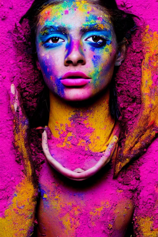 Image similar to A full body portrait of a girl covered in holi powder featured in Vogue and GQ editorial fashion photography, beautiful eye, symmetry face, haute couture dressed by Givenchy and Salvatore Ferragamo