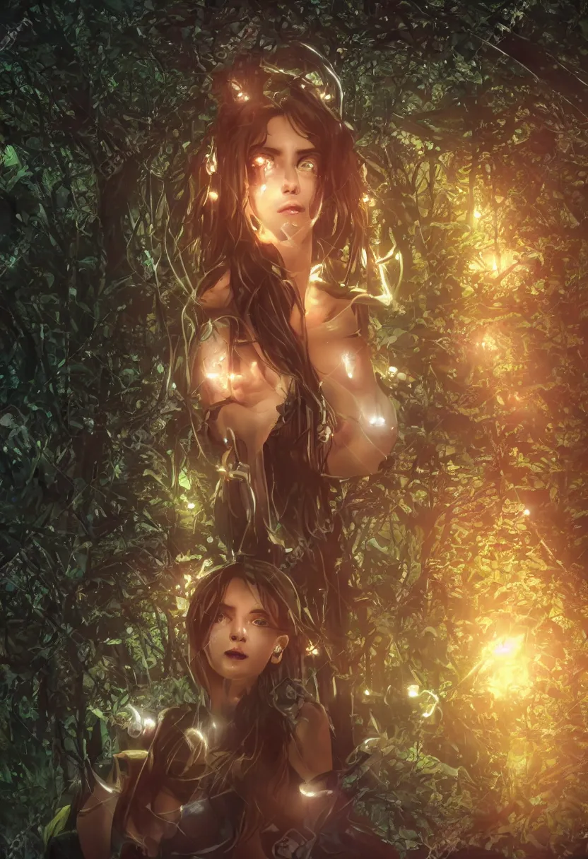 Prompt: beautiful attractive woman made of reflective chrome in the middle of a dark forest, hq artwork, coherent, insane detail, concept art, character concept, cinematic lighting, global illumination radiating a glowing aura