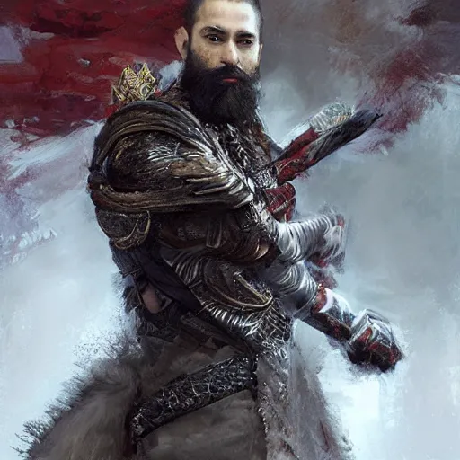 Prompt: A portrait of a king with short hair and a trimmed beard, dual wielding swords, wearing a cheetah pelt cloak, fantasy, digital art by Ruan Jia, Donglu Yu