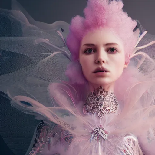 Image similar to a majestic woman wearing an intricate and detailed armor made of candy floss. layers. textures. delicate. elaborate. translucent. soft. ethereal. fragile. vulnerable. studio portrait. photorealistic. octane render