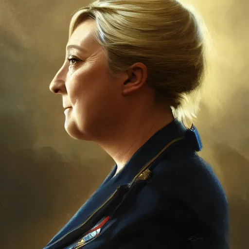 Image similar to Portrait of Marine le Pen , french emperor, heroic, tricolor amazing splashscreen artwork, splash art, head slightly tilted, natural light, elegant, intricate, fantasy, atmospheric lighting, cinematic, matte painting, detailed face, by Greg rutkowski