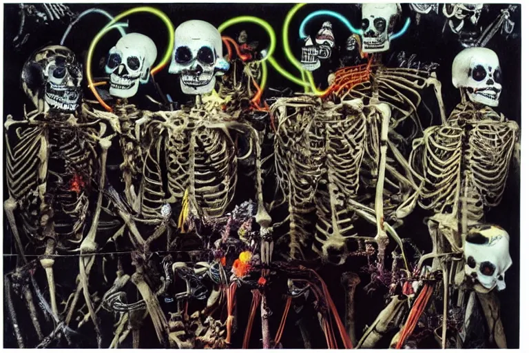Prompt: scene from apocalypse now, day of the dead, cyber skeleton, neon painting by otto dix
