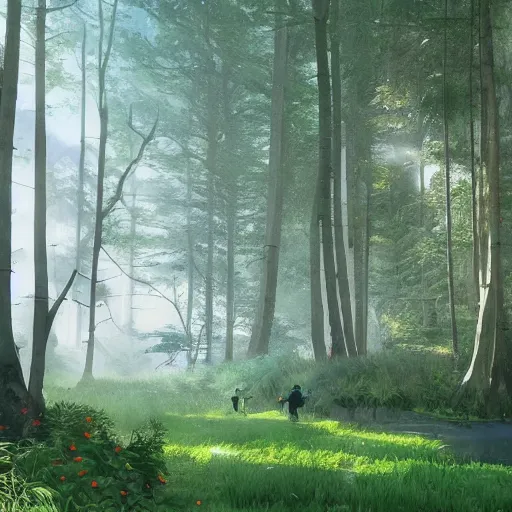 Image similar to An incredibly diverse forest, the light shoots through the trees from the sun, a walking path through the side, in the style of Hayao Miyazaki