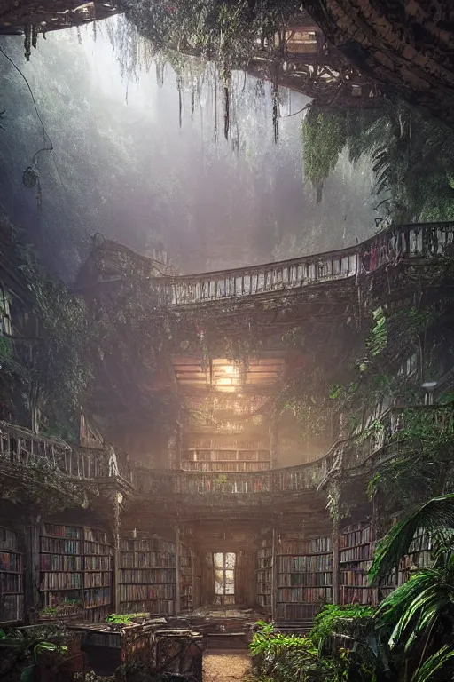 Prompt: a ( ( decaying magical library ) ) with a rainforest growing inside, highly detailed, intricate detail, mystical volumetric lighting, dramatic scenery, beautiful 3 d rendering, octane render, trending on artstation, by greg rutkowski and marco de goeij