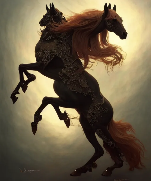 Image similar to anthropomorphic horse, fursona, trending on FurAffinity, dark surrealist , fantasy, intricate, elegant, highly detailed, digital painting, artstation, concept art, smooth, sharp focus, illustration, art by artgerm and greg rutkowski and alphonse mucha