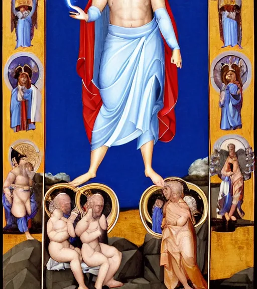 Image similar to hank hill wearing a white toga as the god of propane surrounded by blue fire and blue flames, renaissance religious painting, late gothic religious paintings, byzantine religious art, painting by duccio di buoninsegna and carlo crivelli, trending on artstation