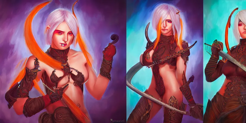 Image similar to triptych of youthful female feminine horned tiefling female bard with long blue bob cut hairstyle, her skin is orange and tanned, and her eyes are pure black orbs, and she is wearing colorful leather armor by rossdraws,