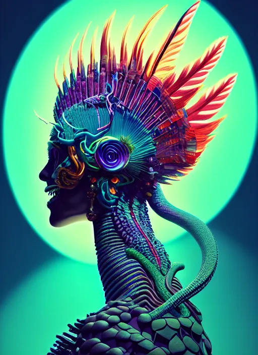 Image similar to 3 d goddess profile portrait, sigma 5 0 0 mm f / 5. beautiful intricate highly detailed quetzalcoatl skull and feathers. bioluminescent, plasma, lava, ice, water, wind, creature, thunderstorm! artwork by tooth wu and wlop and beeple and greg rutkowski, 8 k trending on artstation,