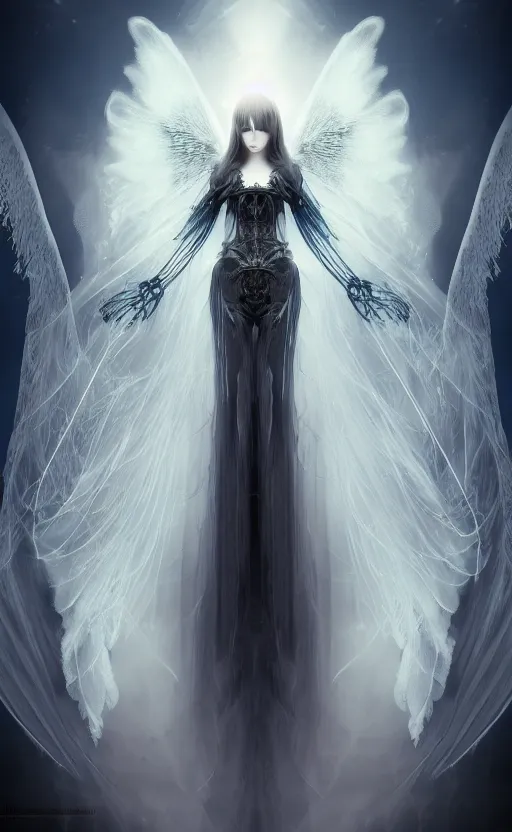 Prompt: angel knight gothic girl. intricate, centered, amazing composition by amano yoshitaka, by rembrandt, illustrious makinami, digital art, digital painting, artstation trending, unreal engine, fractal flame, transparent jellyfish, transparent feathers, bio luminescent,