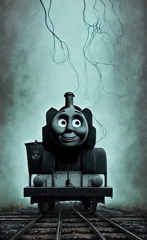 Image similar to thomas the tank engine in style of zdzisław beksinski, extremely dramatic lighting, 8 k, tendrils, black, darkness, black slime tendrils, infected, rust, body horror, thomas the train, thomas the tank engine face, horror,