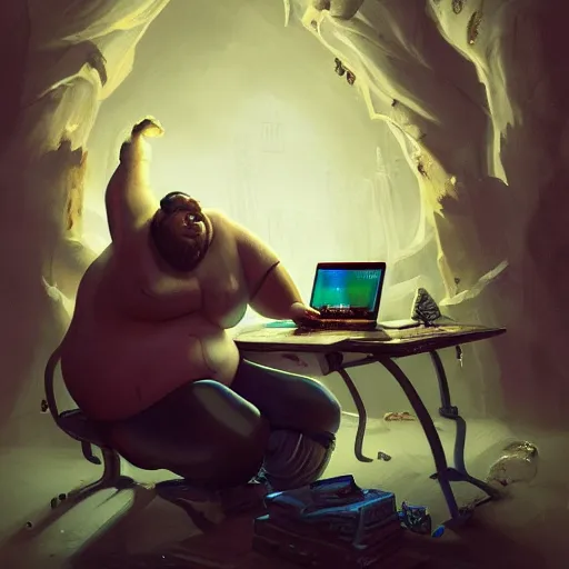 Image similar to a insanely detailed painting of a slightly overweight man wearing a homemade superhero costumed, sitting at a computer desk, nervously and clicking on the mouse, in the style of peter mohrbacher, dramatic lighting and composition, trending on artstation, concept art, comic book