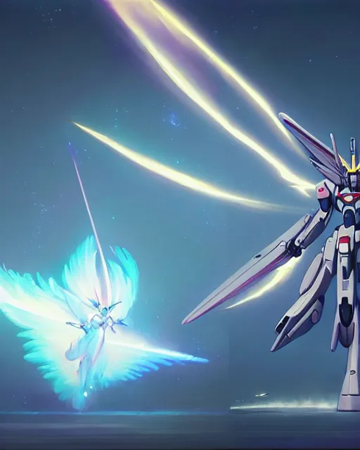 Image similar to highly detailed vfx portrait of an angelic gundam with wings of feathers beam saber fighting in space with a beam gun, unreal engine, greg rutkowski, loish, rhads, beeple, makoto shinkai and lois van baarle, ilya kuvshinov, rossdraws, tom bagshaw, alphonse mucha, global illumination, detailed and intricate environment