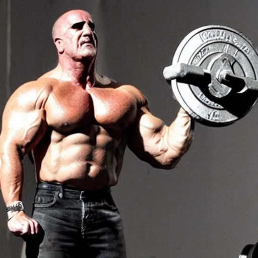 Prompt: a cartoon image of dominic purcell lifting weights