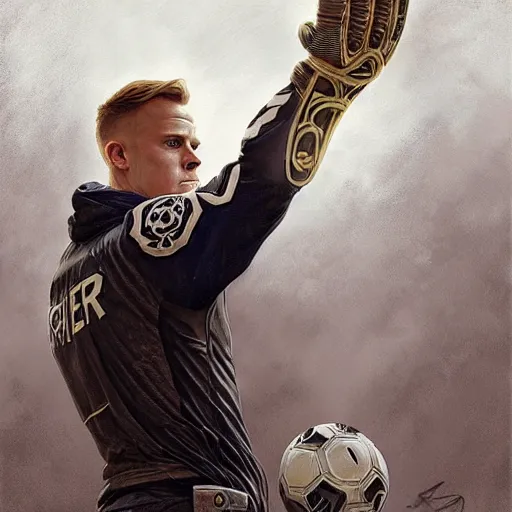 Image similar to Ter Stegen holding a bomb, goalkeeper, football pitch, D&D, fantasy, intricate, elegant, highly detailed, digital painting, artstation, concept art, matte, sharp focus, illustration, art by Artgerm and Greg Rutkowski and Alphonse Mucha