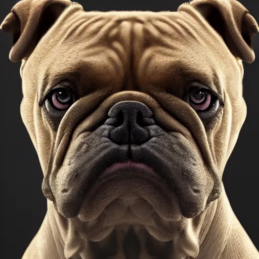 Image similar to detailed artwork of a bulldog like boxer, realistic concept, gazing eyes, video game art, fantasy, illustration, slender symmetrical face and body, artstation, cinematic lighting, hyperdetailed, cgsociety, 8 k, octane render, golden ratio, postprocessing,