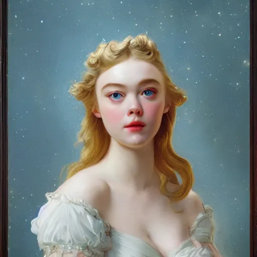 Prompt: leyendecker and peter paul rubens, head and shoulders portrait of a elle fanning, nighttime, dream boat, starry sky, unreal engine, fantasy art by global illumination, radiant light, detailed and intricate environment