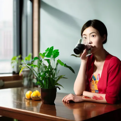 Prompt: chinese woman sitting at a table drinking juice out of a mason jar, award-winning, volumetric lighting, 8k, 4k, highly detailed, cinematic