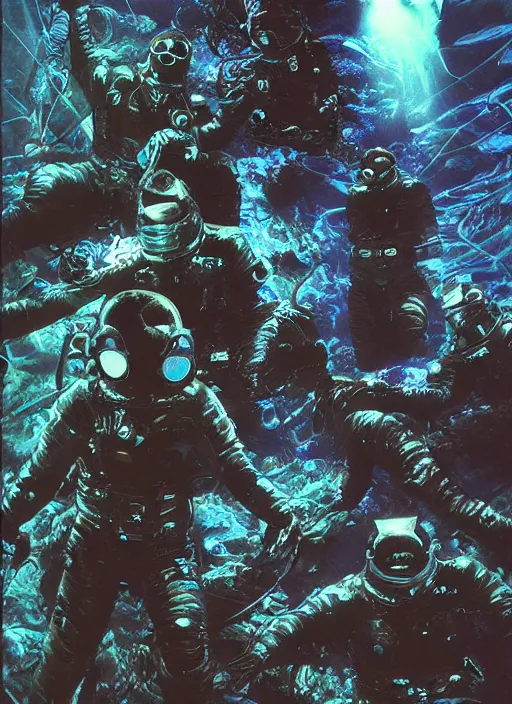 Image similar to astronauts in dark void underwater - complex and hyperdetailed technical suit. reflection and dispersion materials. rays and dispersion of light. volumetric light. f / 3 2. noise film photo. flash photography. ultra realistic, wide angle. poster by wayne barlowe, hajime sorayama aaron horkey, craig mullins