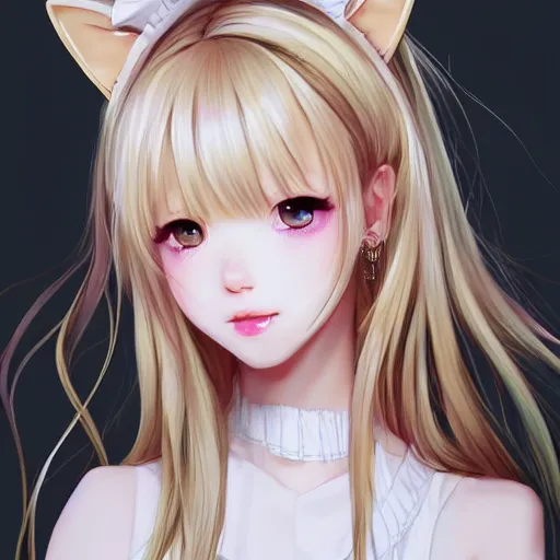 Image similar to realistic beautiful gorgeous natural cute Blackpink Lalisa Manoban white hair cute white cat ears in maid dress outfit golden eyes artwork drawn full HD 4K highest quality in artstyle by professional artists WLOP, Taejune Kim, Guweiz, ArtGerm on Artstation Pixiv