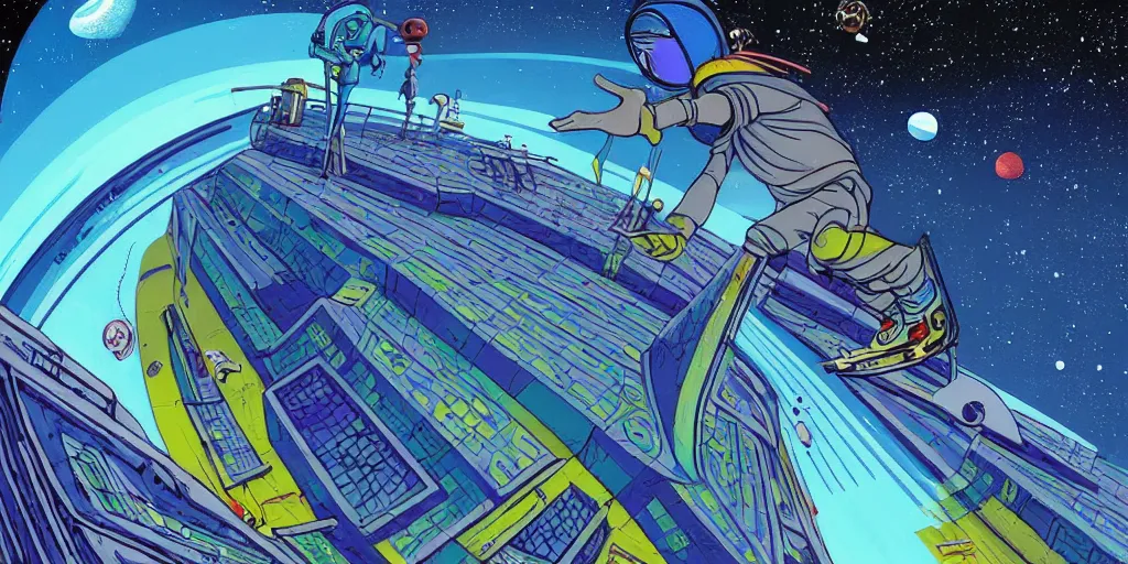 Image similar to traditional drawn colorful animation a close look to solo skateboarder jumping, futuristic city street, space station planet afar, planet surface, ground, rocket launcher, outer worlds, hyper contrast well drawn, in Metal Hurlant, in Pilote, in Pif, by Jean Henri Gaston Giraud animation film The Masters of Time FANTASTIC PLANET La planète sauvage animation by René Laloux