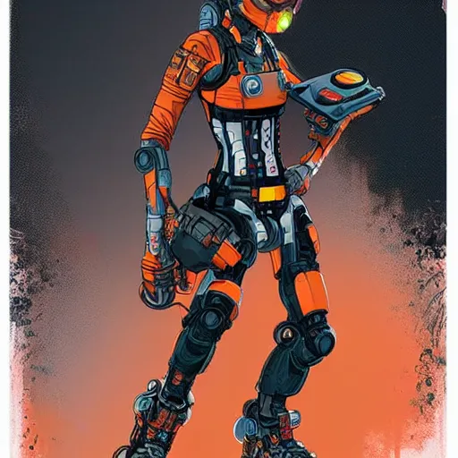 Image similar to cyberpunk mechanic lady with robotic legs. orange and black color scheme. concept art by james gurney and mœbius. apex legends character art