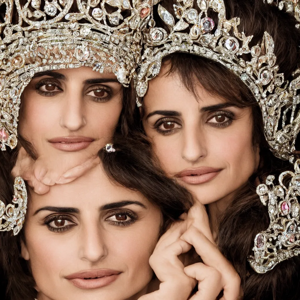 Image similar to penelope cruz as the queen of england, big crown adorned with emerald, diamonds, topaz and other jewellaries, sensual, beautiful soft light failling on her face, zoomed out, studio photography, nikon 3 5 mm portrait photography, ultra realistic