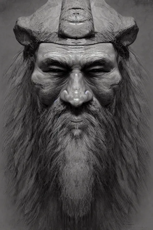 Image similar to portrait, headshot, digital painting, an old bearded shaman in slavic angular carved wood mask, realistic, hyperdetailed, chiaroscuro, concept art, art by frans hals