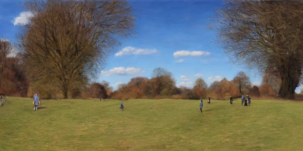 Prompt: Parched ground on Hampstead Heath, people walking with aunt, cracks, blue sky, photorealistic