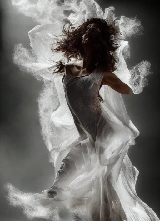 Image similar to a photorealistic dramatic hyperrealistic render photography of a glamorous beautiful female dancer by ken brower and deborah ory of nyc dance project, lois greenfield, lord of the rings, neon, flowing cloth and smoke, beautiful dynamic dramatic dark moody lighting, beautiful intricate face, volumetric, shadows, artgerm, alphonse mucha, cinematic atmosphere, octane render, 8 k