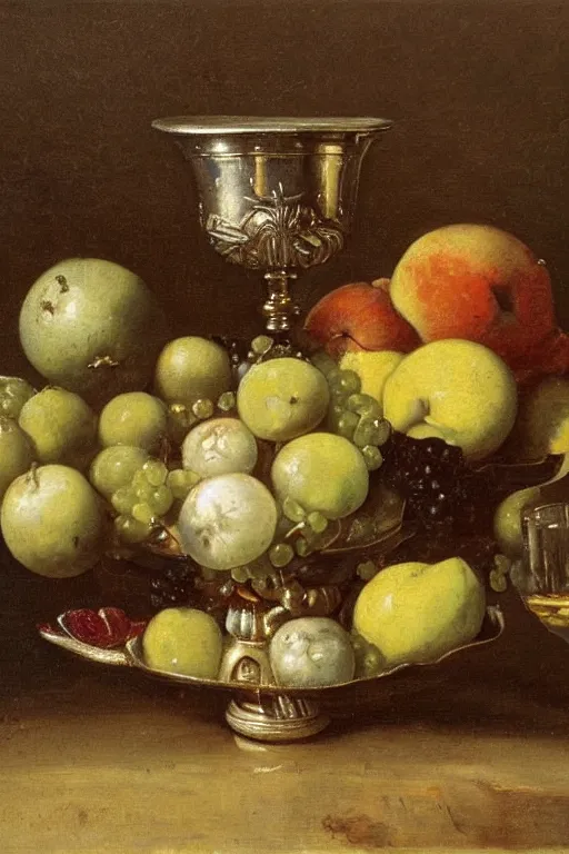 Prompt: a beautiful oil painting fruit in a glass bowl and ruby encrusted silver goblet by Bartolomé Esteban Murillo