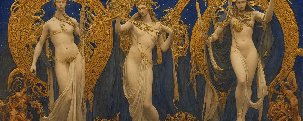 Image similar to saint woman, venus, athena, queen, by annie swynnerton and nicholas roerich and jean delville, strong dramatic cinematic lighting, ornate headdress, flowing robes, spines, flowers, stars, lost civilizations, smooth, sharp focus, extremely detailed, marble, obsidian, gold, space