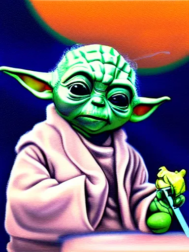 Image similar to baby yoda smocking a joint, digital painting, highly detailed