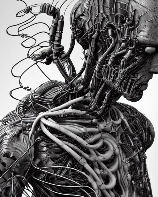 Prompt: a cyborg soldier with wires and cables bursting out of their right arm in the style of h. r. giger / david cronenberg / zdzisław beksinski trending on artstation deviantart pinterest hyper detailed photorealistic highlights and shadow hd 8 k post - processing high resolution