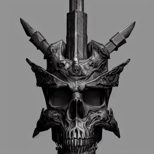 Image similar to a black sword skull handle, ornament, weapon, a 3 d render by dom qwek, studio lighting, front side view, trending on polycount, hard surface modeling, rendered in maya, 3 ds max, blender, artstation hd, vray