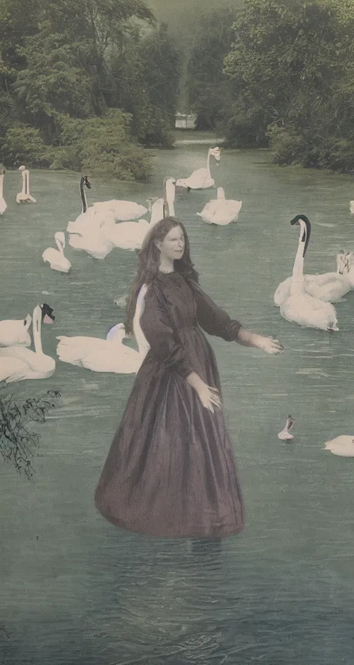 Image similar to A photograph of a young woman wearing a summer dress, with the head of a cat and swans for hands, walking on the surface of a lake