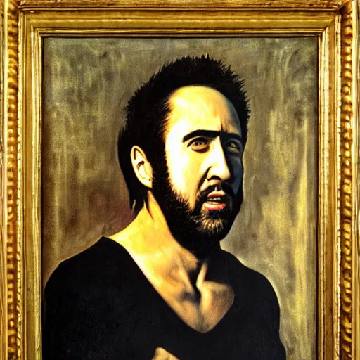 Image similar to highly detailed oil painting of nicolas cage in a banana, 4 k, in the style of caravaggio, monet, botticelli and dali