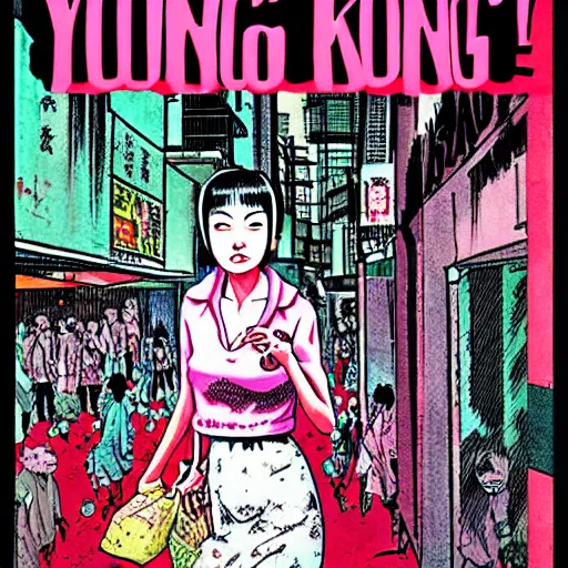 Image similar to glossy old advertising poster, young woman walking through crowded hong kong street, vendors, zombies, horror, drawn comic by junji ito, pastels, gradient