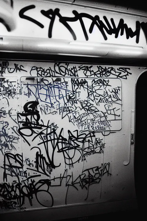 Image similar to subway cabin inside all in graffiti, man in stussy jacket closeup writing graffiti, night, film photography, exposed b & w photography, christopher morris photography