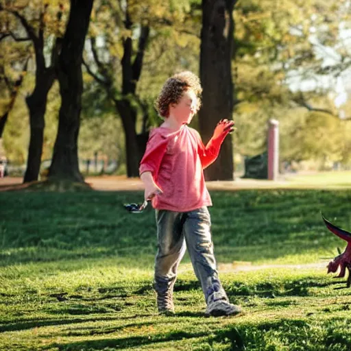 Prompt: a kid at the park walking a velociraptor