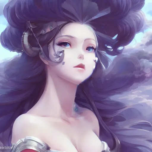 Image similar to character concept art of an anime stormy cloud goddess | | cute - fine - face, pretty face, realistic shaded perfect face, fine details by stanley artgerm lau, wlop, rossdraws, james jean, andrei riabovitchev, marc simonetti, and sakimichan, tranding on artstation