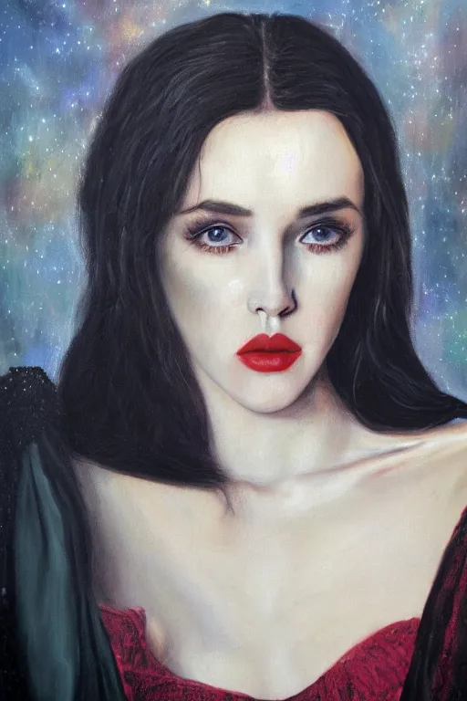 Image similar to hyperrealism oil painting, close - up portrait of isabelle adjani medieval brunette vampire fashion model, knight, steel gradient mixed with nebula sky, in style of baroque