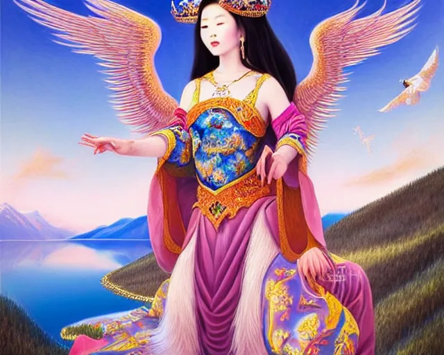 Image similar to portrait of a beautiful asian mongolian princess goddess spreading its wings, portrait of princess wearing a beautiful ornate crown, in the background lake baikal is seen, in the art style of bagshaw tom artgerm and bowater, charlie, by bagshaw tom, artgerm and bowater, charlie - - height 6 4 0