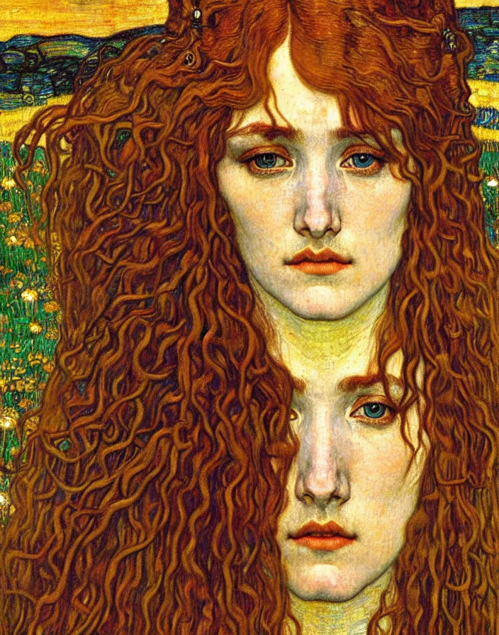 Image similar to detailed realistic beautiful young medieval queen face portrait by jean delville, gustav klimt and vincent van gogh, art nouveau, symbolist, visionary, gothic, pre - raphaelite, muted earthy colors, desaturated