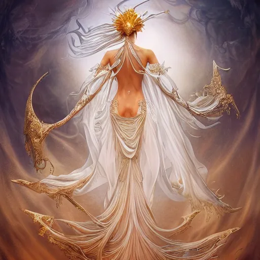 Prompt: a beautiful woman wearing a white dress made of silk with golden ornaments and diamonds jewelry by alex gray and android jones , Karol Bak, Ayami Kojima, Amano , concept art, character design, fantasy,3D, 8k resolution