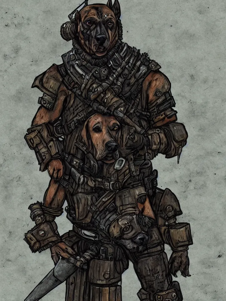 Image similar to a good ol'hound dog fursona ( from the furry fandom ), heavily armed and armored facing down armageddon in a dark and gritty version from the makers of mad max : fury road. witness me.