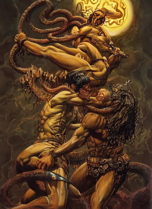 Prompt: a highly detailed symmetrical painting of conan stabbing a medusa in its head, dynamic lighting, ambient lighting, deviantart, art by frank frazetta and glenn fabry